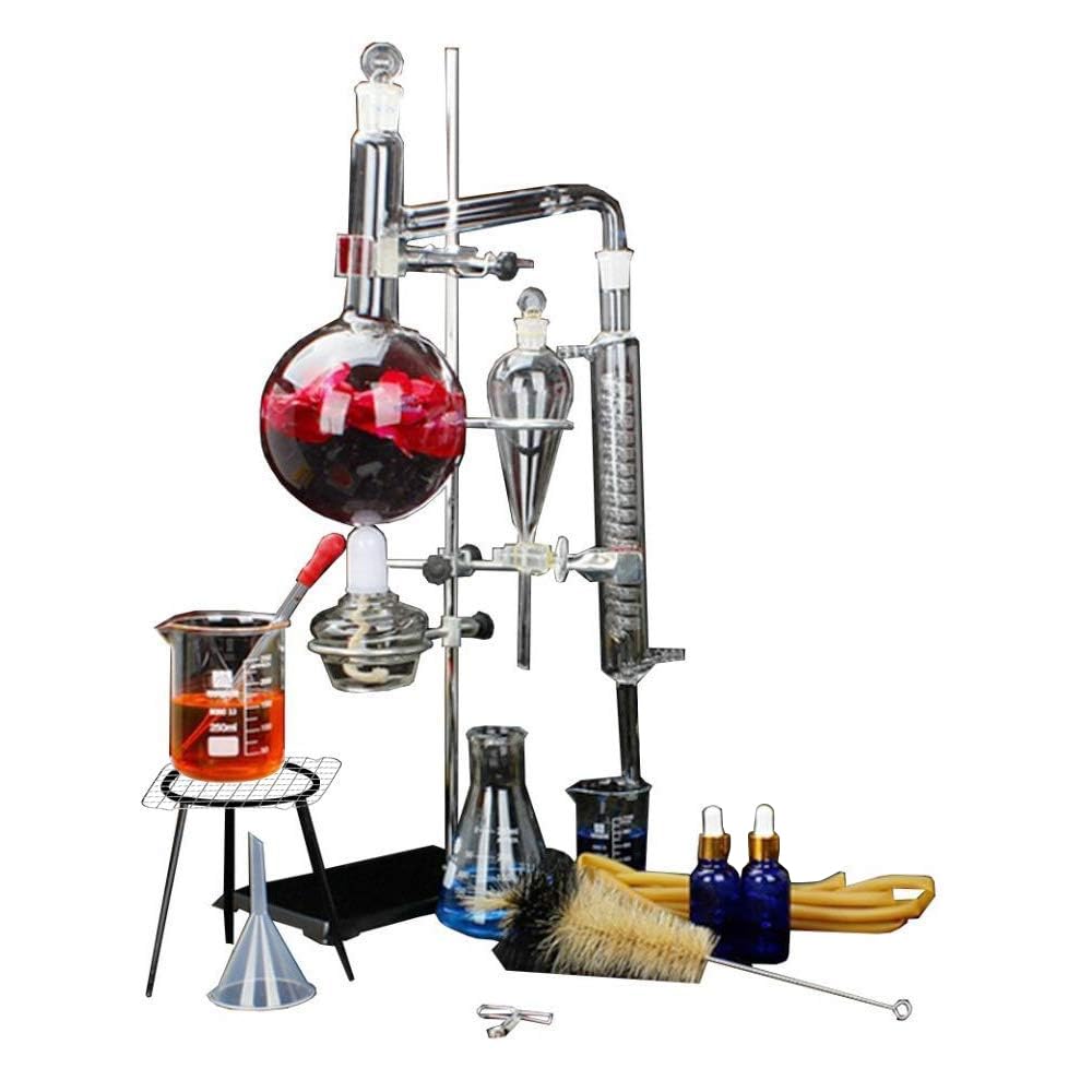 New 1000ml Lab Essential Oil Distillation Apparatus Water Distiller Purifier Glassware Kits w/Separatory Funnel Condenser Pipe