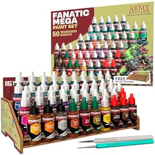 The Army Painter, Warpaints Fanatic Mega Set Combo, 50 x 18 ml Acrylic Paints incl. Skin Tones, Metallics, Effects, Washes, 1 Free Paint Station & 2 Brushes - Model Paint for Warhammer & Dnd