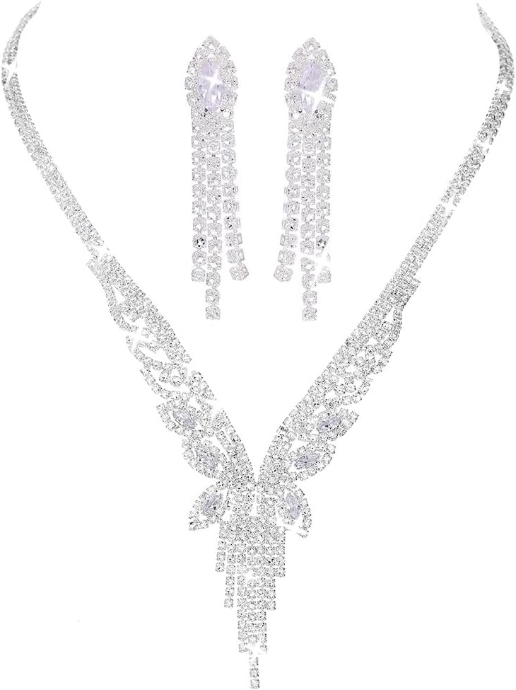 Bridal Silver Rhinestone Necklace Jewelry Set Wedding Necklace Earrings Sets Prom Crystal Costume Jewelry Accessories for Women
