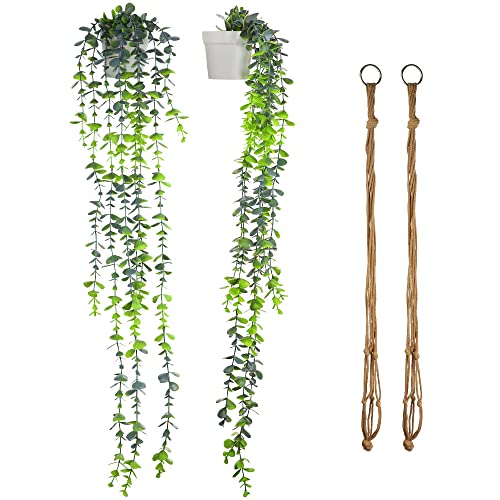 Artificial Hanging Plants With Plant Hangers, 2 Pack Fake Hanging Plants Potted Greenery Plants Faux Eucalyptus Vines In Pot For Home Office Living Room Garden Porch Shelf Mantle Indoor Outdoor Decor #TOP7