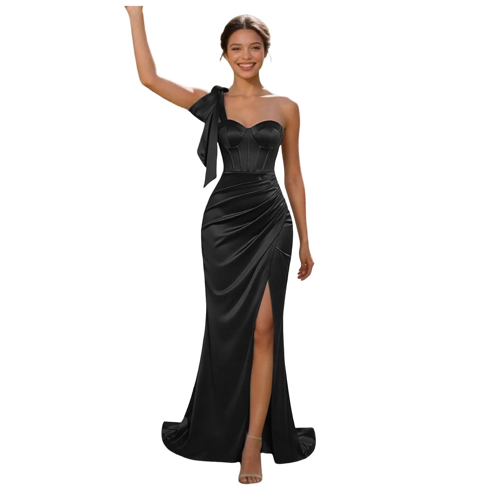 Générique Robe de Femme Longue Sirène en Satin Une Épaule avec Nœud - Élégante Sexy avec Corset Intégré et Fente Latérale pour Mariage Gala Bal