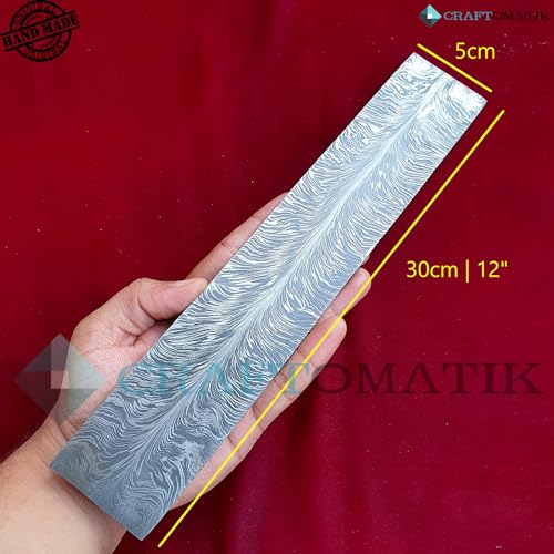 Damastplatte Edelstahl | Rohstahl Damaszener Platte | 1095 + 15N20 Damast Stahl | 30 cm - 12 | FEATHER Muster - DB04