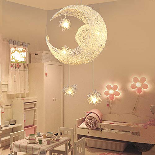 Suspension Luminaire Lune étoiles LED Pendentif Lampe Aluminium Lustre Plafonnier pour Enfants Chambre Décoration, 40 * 110cm