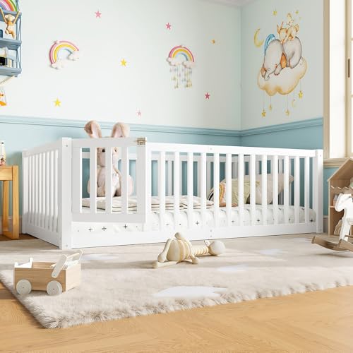 Image of Bellemave Twin Size Kids Montessori Floor Bed with Door,Solid Wood Floor Bed Frame with High Fence for Girls,Boys,White