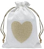 Jexila 24PCS Burlap Drawstring Gift Bags 5X7 Inches Heart Print Linen Burlap Jewelry Gift Bags Fabric Cloth Candy Goodie Pouches for Wedding Shower Party Favor,Coffee,DIY Craft Bags