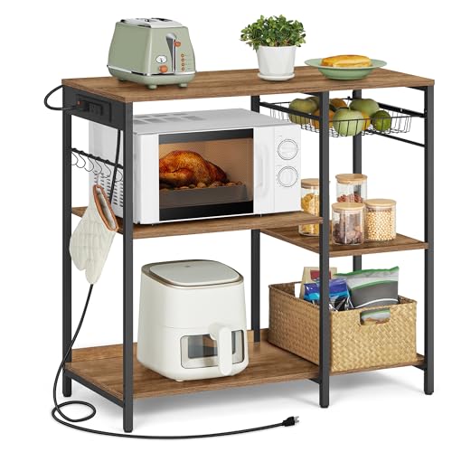 Image of VASAGLE Baker's Rack, Coffee Bar Stand with Charging Station, Storage Shelves, Pull-Out Wire Basket, Table for Microwave, Kitchen, Rustic Walnut UKKS036K41, 15.7 x 35.4 x 35.6 Inches