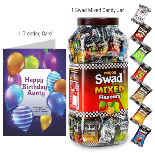 Image of Swad Happy Birthday Aunty Gift with Card (Swad Mixed Flavours Candy 200 Jar & 1 Greeting card) 2 units
