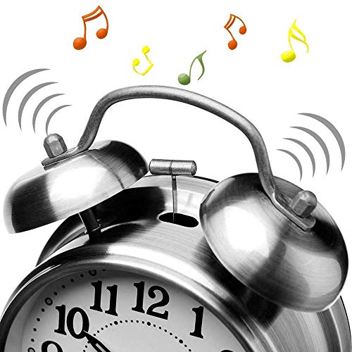 Image of Classic Twin Bell Alarm Clock with LED Night Light, Vintage Metal Desktop Clock for Bedroom and Study, Loud Wake-Up Alarm for Heavy Sleepers, Adults, Children & Students, Silver Finish.
