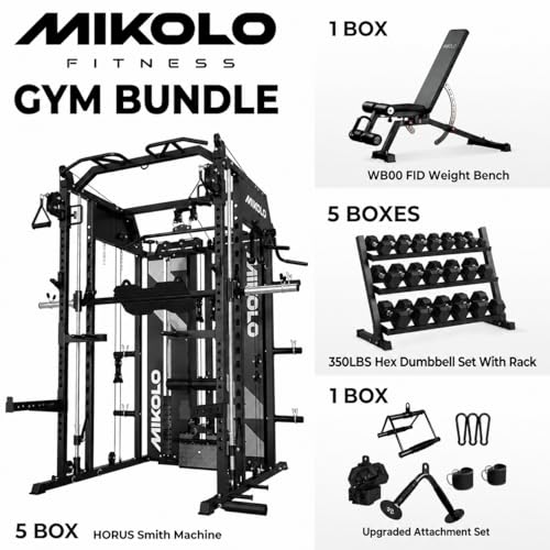 Image of Mikolo Smith Machine with Weight Stack, Power Cage Home Gym System with LAT Pulldown & Cable Crossover, Multi-Functional Trainer with Dual Pulley System, Includes 10+ Free Attachments