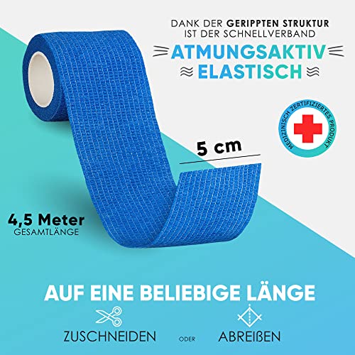 Health Press Selbstklebender Verband – 4x Pflaster Rolle (5cm x 4,5m) – Haftbandage Selbstklebend – Elastische Bandage – Wasser-, Staub-, Fett- & Schmutzabweisendes Verbandsmaterial (Blau, 4 Rollen)