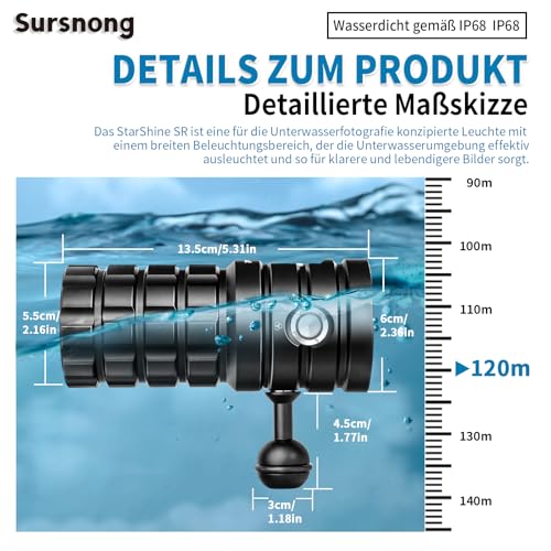 Sursnong SR 10000 Lumens Tauchlampe - Professionelle Unterwasser-Videoleuchte mit 95 CRI, 6500K Weißes Licht, USB-C Aufladbar, für Tauchen/Unterwasserfotografie (IP68 Wasserdicht, 120m Tiefe)