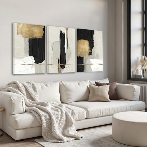 Image of DUWQU Abstract Brushstrokes Canvas Wall Art Black White Gold 20x30 inch x3 | Wooden frame, UV-resistant ink, Giclee printing process, Pre-installed hooks make it easy to hang home or office wall decor