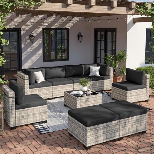 Image of Outdoor PE Wicker Rattan Modular Patio Sectional Sofa Set | 9-Piece: 6 Modular Seats, Coffee Table & 2 Ottomans, Black