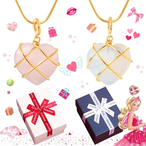 Liekadijiae Collana con Ciondolo a Forma di Cuore, Collane da Donna Moda Opal Heart Crystal Castle Collana per Donna Ragazze Rosa Quarzo Barbie Gioielli Accessori Regalo