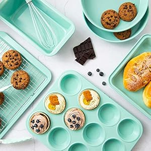 Rorence bakeware set kitchen oven baking pans set nonstick carbon steel cookie sheet rectangular cake pan 2 round cake pans muffin pan loaf pan cooling rack set of 7 mint green  urban country home decor