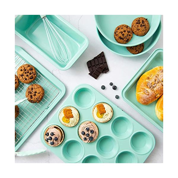 Rorence bakeware set kitchen oven baking pans set nonstick carbon steel cookie sheet rectangular cake pan 2 round cake pans muffin pan loaf pan cooling rack set of 7 mint green  urban country home decor
