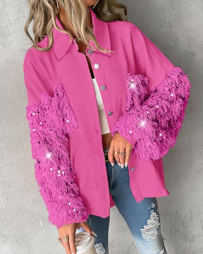 CHICME Women's Casual Oversized Button Down Corduroy Shirt Jacket Long Sleeve Shacket with Fringe3