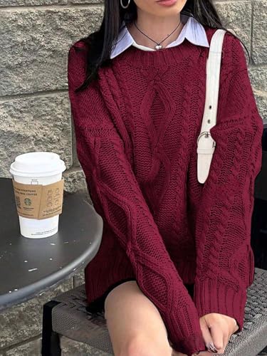 ZAFUL Cable Knit Sweaters for Women Crewneck Casual Knit Pullover Sweater Long Sleeves Jumper Tops4