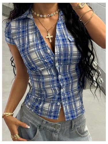Milumia Women's Y2k Plaid Collar V Neck Button Down Shirt Short Sleeve Fitted Tops4