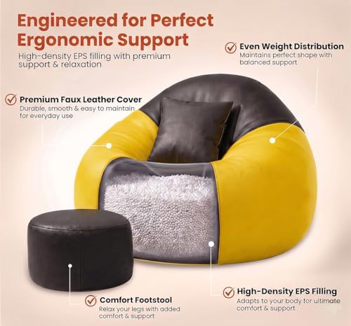 Image of Sattva Classic 4XL Bean Bag Chair with Beans Filled | Faux Leather Sofa Style Beanbag Combo with Footstool & Cushion | Pre-filled Beans Bag with Beans for Adults | Large Bin Bags Sofa - Black & Yellow