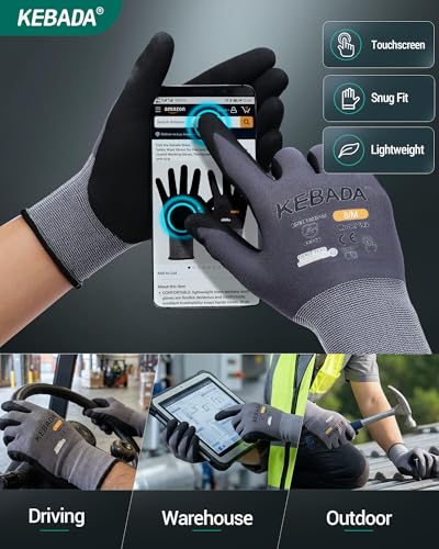 Image of Kebada W2 Touchscreen Safety Work Gloves for Men & Women, 6 Pairs | MicroFoam Nitrile Coated, Breathable, Secure Grip, Seamless Nylon Knit, Ideal for Assembly, Automotive, Warehouse & Gardening