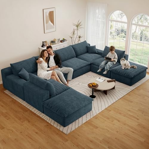 Image of 136 inch Cloud Couch Modular Sectional Sofa for Living Room, U-Shape Boneless Couch with Deep Seat, Modern Corduroy 6-Seater with Ottomans, No Assembly Required, Blue