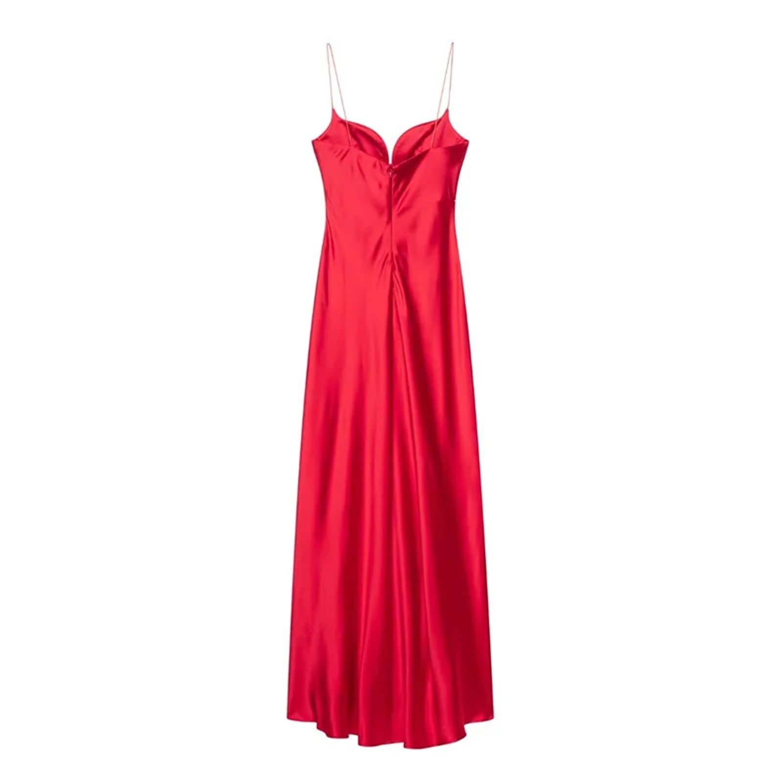 Fond De Robe Femme Robe mi-longue d'été en satin de soie rouge for femme, tenue sexy à bretelles décolletées V profond