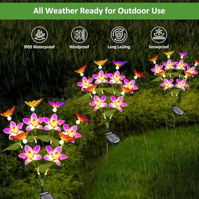 Solar Garden Lights, 1 Pack Solar Flower Lights Outdoor Waterproof with 6 Swaying Butterfly, Outdoor Decoration for Yard Patio Lawn Pathway, Gift for Family and Friends