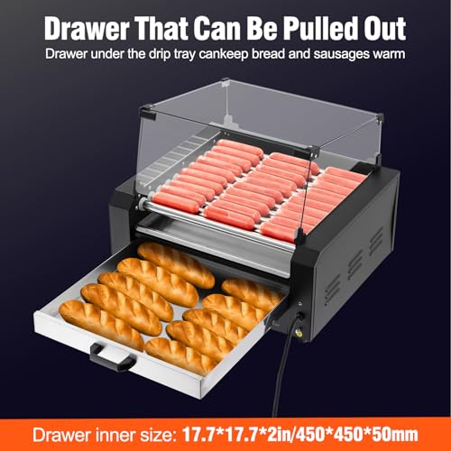Litake Hot Dog Roller,11 Rollers 30 Hot Dogs Capacity 1950W Stainless Sausage Grill Cooker Machine with Removable Oil Drip Tray Dual Temp Control and Glass Hood Cover, Perfect for Commercial and Party