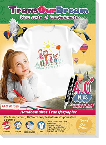 TransOurDrean Papier de transfert en tissu pour coton léger, papier de transfert en tissu, feuilles A4X20, couleur : blanc (IT-2-4.0PLUS-20) Cover