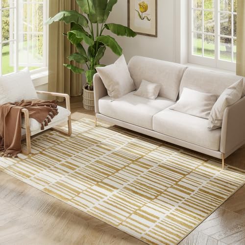 HOMCOM Alfombra Salón 170x120 cm Alfombra Lavable en Lavadora Pelo Corto Elementos a Rayas Tapete para Sala de Estar Dormitorio Comedor Crema