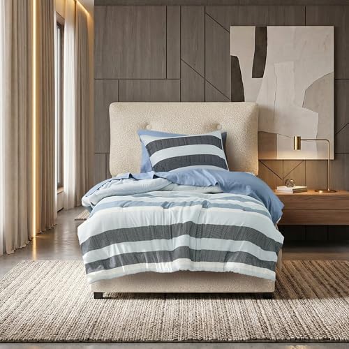 Regency Heights Twin Size Striped Comforter Set, Soft Microfiber Reversible Bedding Sets for All Season 5 Pieces Bed in A Bag Set with Comforter, Sheets, Pillowcase & Sham, Navy/Blue — view 2
