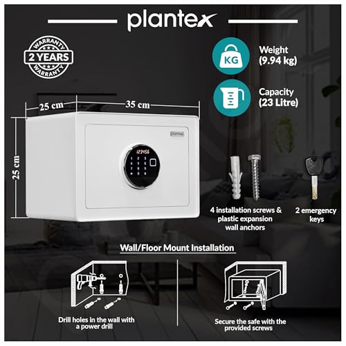 Image of Plantex Digital Safe Locker For Home /23 Litre Safety Locker Box with Biometric Touchscreen Display & Dual Code Access Master & User /LED Light /Emergency Key /2 Years Warranty By Plantex - (White)
