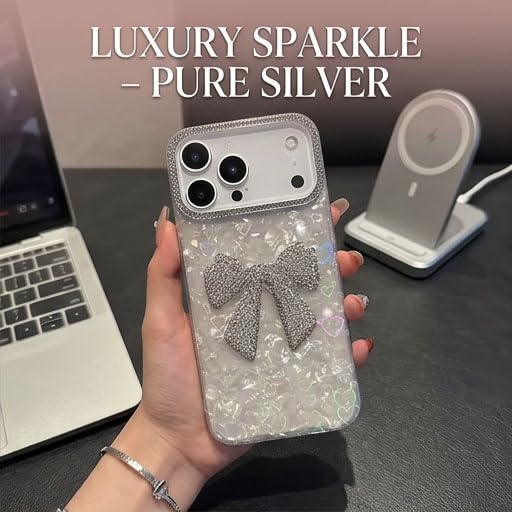 Image of mobistyle Compatible with iPhone 17 Pro Max | Rhinestone Bow Elegant Heart Shell Pattern and Camera Lens Protection Back Cover Case for Women Girls iPhone 17 Pro Max (White)