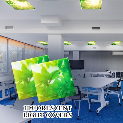 Image of Hortsun 4 Pack 4 x 2 Feet Fluorescent Light Covers, Magnetic Light Filters for Classroom Ceiling, Decorative Lights Shade for Office Home Hospital(Green Leaves)