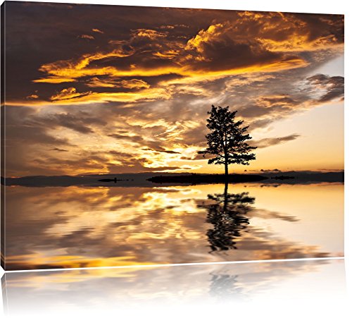 Pixxprint Insel im Meer Baum Sonnenaufgang Steine, Größe: 120x80cm, Leinwandbild, fertig gespannt, Wandbild, Dekoration, Kunstdruck, kein Poster