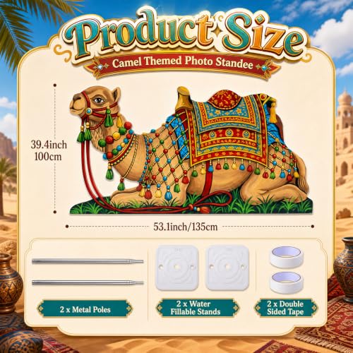 Image of Qunclay 4 ft Camel Cardboard Cutout Life Size Arabian Nights Party Decoration Desert Safari Animal Theme Camel Photo Booth Prop Standee Standup Backdrop for Nativity Scene Egyptian VBS Birthday Decor