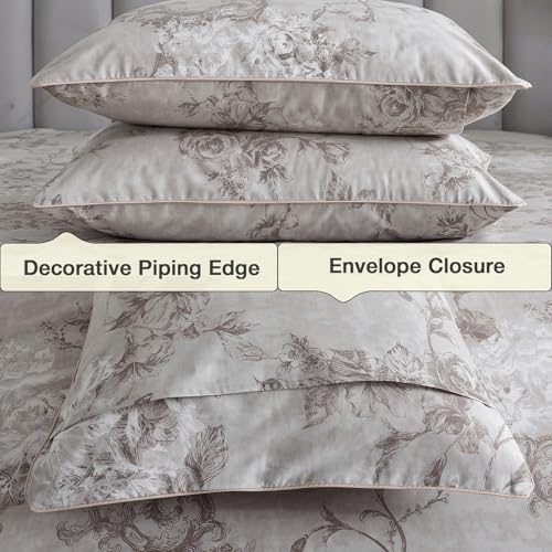 Image of Gray-Beige Boho Floral Percale Sheets California King, Deep Pocket | 100% Cotton Greige Vintage Bed Sheets, Brown Flower Cottage Sheet Set, Shabby Chic Bedding, Neutral Printed, Aesthetic, 4Pcs
