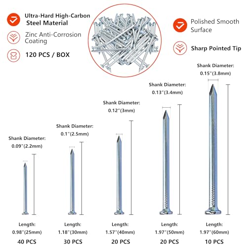 Image of 5 Sizes Wall Nails Assortment Kit,Up to 2-3 /8inch Long Nails for Hanging Pictures, Galvanized Hardware Nails,Good Hardness Wall Nails,Drywall Nails