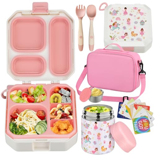 Image of wiwens Bento Lunch Box for Kids with 12oz Soup Thermo Leak-Proof Lunch Food Container with 5 Compartment Thermo Hot Food Jar and Insulated Lunch Bag for Kid Toddler Girls Boys to School