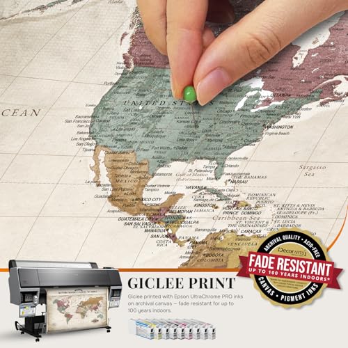 Image of DECORARTS - Personalized World Travel Map with Pins, Custom Name, Pin Board Canvas Wall Art, Soft Vintage Pastel World Decor, Optional Wood Frame, Giclee Print, Handcrafted in USA, 20x16''