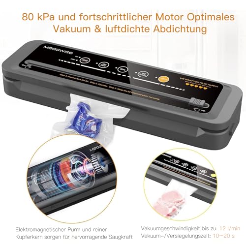 Image of MegaWise Food Vacuum Sealer Machine - High-Power 80kPa Suction, One-Touch Operation, Built-in Cutter - Works with All Food Types, Includes Bags & Hose (Black), Keeps Food Fresh 5x Longer