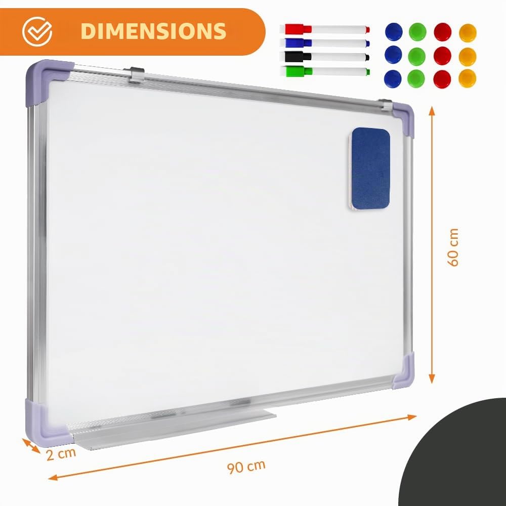 KRUMAD Tableau blanc magnétique 90 x 60 cm, avec 4 marqueurs pour tableau blanc et 12 aimants, tableau magnétique avec accessoires, tableau d'écriture effaçable avec cadre en métal, effaceur et 2