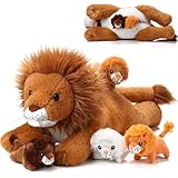 Honoson 5 Pcs Lion Stuffed Set Large Lion Stuffed Animal Daddy with 4 Small Lions in Zippered Pouch Soft Cuddly Gifts for Birthday Party Sleeping Companion
