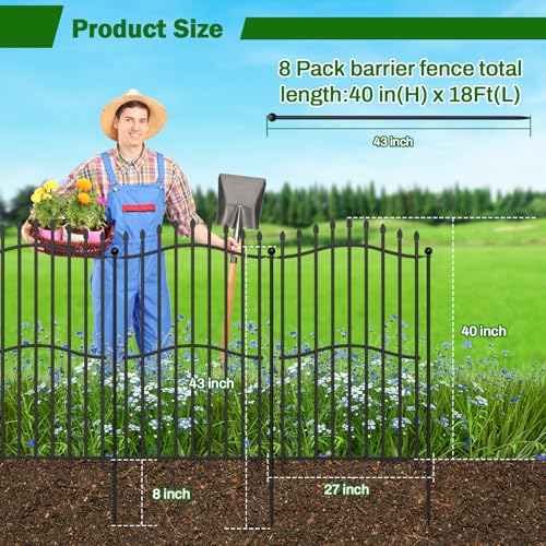 8 Panels No Dig Decorative Garden Fence with Gate - 40in H x 18ft L, Tall Heavy-Duty Square Tube Animal Barrier, Rustproof Dog Fence for Outdoor Yard & Patio Protection