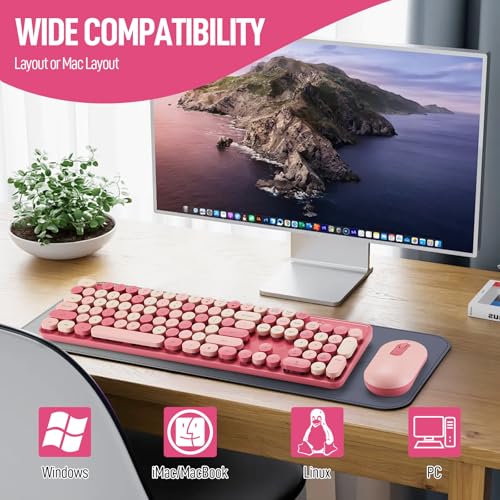 Image of Wireless Keyboard and Mouse Combo, Full Size Compact Quiet Wireless Keyboard and Mouse Set 2.4G Ultra-Thin Sleek Design for Windows, Desktop, PC, Notebook, Laptop,Round Keys Rose Pink Mixed Punk Color