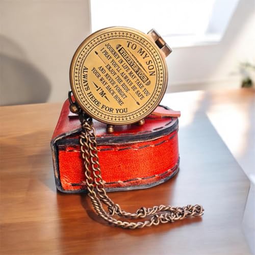 Brújula de latón grabada con cita inspiradora - Brújula de bolsillo vintage con estuche de cuero - Regalo para hijo de papá o mamá para cumpleaños, graduación, despliegue, Navidad - Recuerdo para hijo