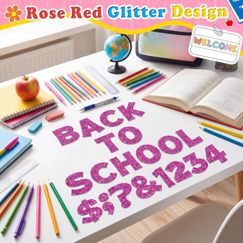 Image of Colarr 144 Pcs Glitter Bulletin Board Letters for Classroom Alphabet Punctuation Symbol Cutout Die-Cut Poster Letter with Adhesive Dot School Party Holiday Decor Display (Rose Red,4 Inch)
