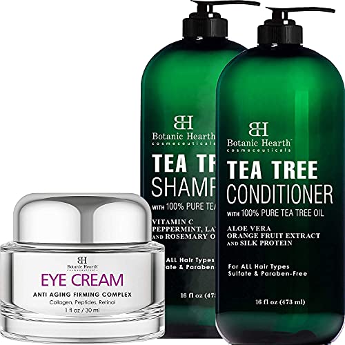 Botanic Hearth Under Eye Cream Anti Aging with Collagen, Peptides, Vitamin A & E (1 oz) and Tea Tree Shampoo & Conditioner Set (16 oz each) Bundle