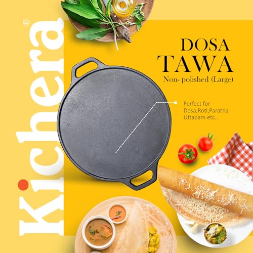 Image of Kichera Pre-Seasoned Cast Iron Dosa Tawa 12-Inch | Double Loop Handle Roti & Dosa Pan | Heavy Duty 3kg Induction-Friendly Cookware | Non-Stick Naturally | Pure, Chemical-Free for Everyday Cooking